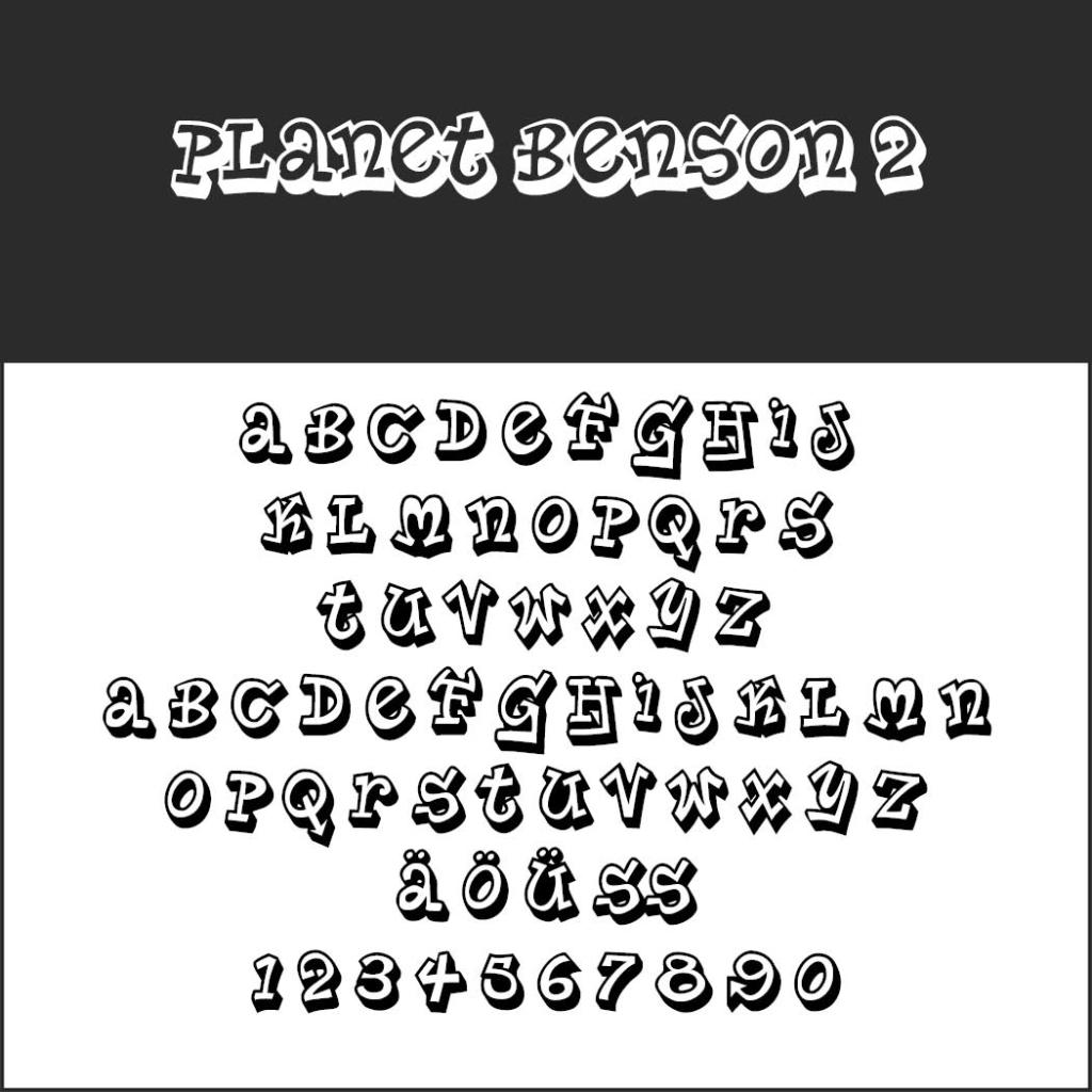 Eine Darstellung der Schriftart „Planet Benson 2“, ideal für Schriften für Plakate, zeigt Großbuchstaben und Zahlen. Die Buchstaben zeichnen sich durch einen verspielten, kräftigen und leicht verzerrten Stil aus, wobei A-Z umlautete Vokale und die Zahlen 0-9 enthalten.