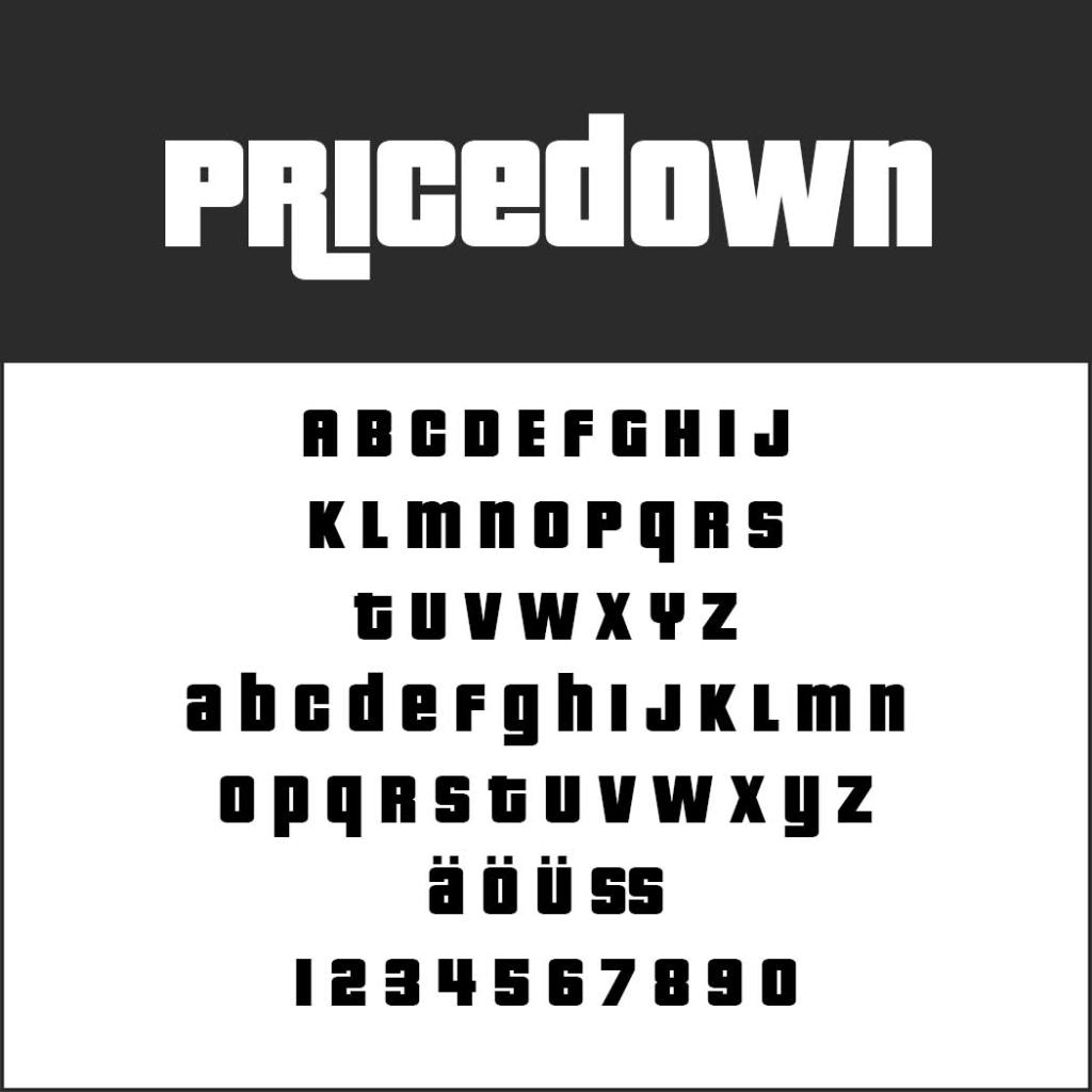 Die Schriftart „Pricedown“ präsentiert Groß- und Kleinbuchstaben, die Zahlen 0-9 sowie Sonderzeichen (ä, ö, ü, ß) auf einem schwarz-weißen Hintergrund. Ideal für Plakate oder andere auffällige Design-Statements.