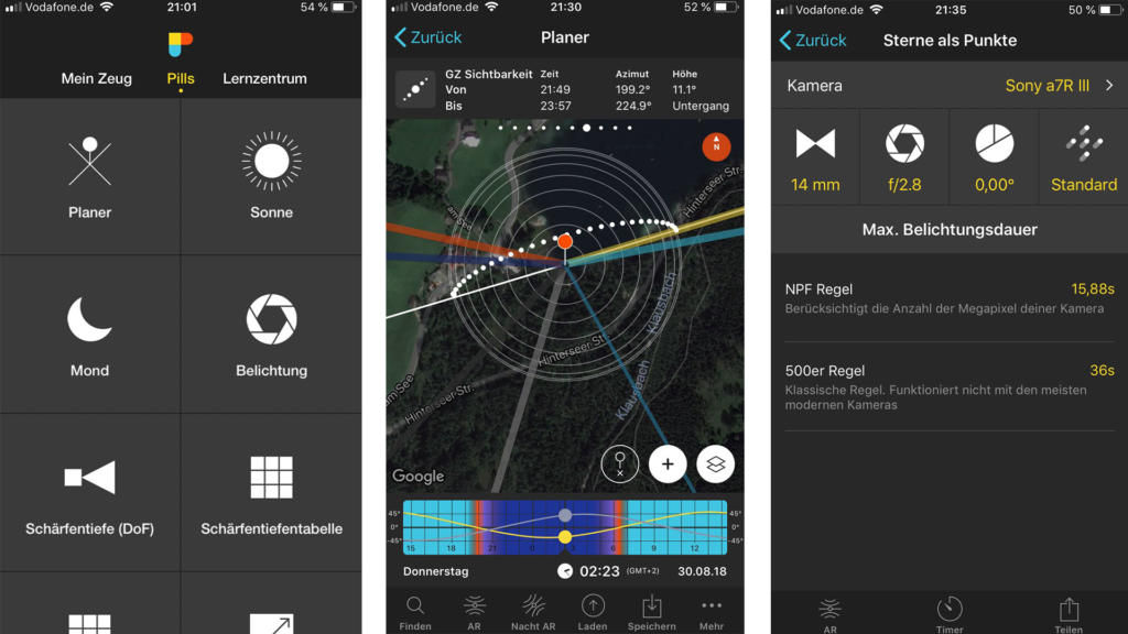 Drei Smartphone-Screenshots einer Apps für Fotografen: Der erste zeigt Menüoptionen mit Icons. Der zweite präsentiert eine Karte mit Linien und Koordinaten für Sonnen- und Mondpositionen. Der dritte hebt Kameraeinstellungen und Belichtungsempfehlungen hervor.