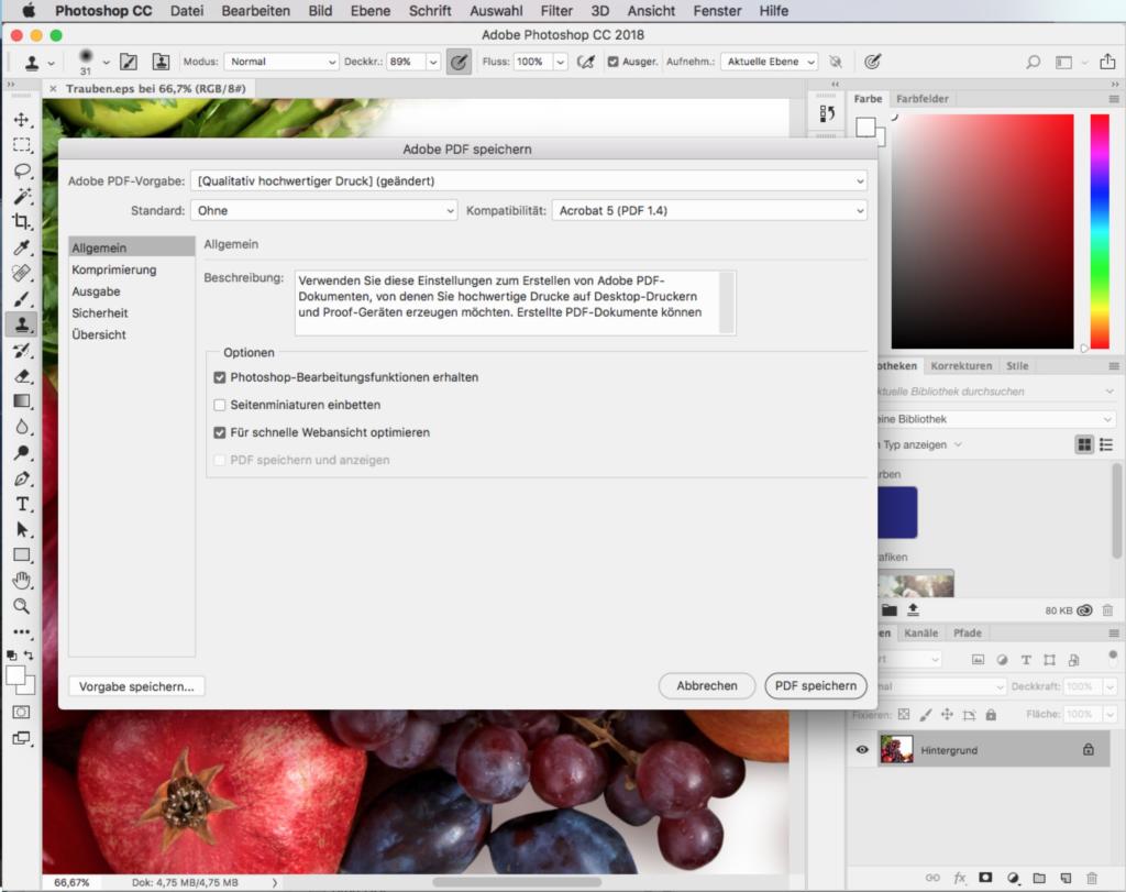 Screenshot des Adobe Photoshop CC-Arbeitsbereichs in Deutsch. Er zeigt ein Dialogfeld zum Speichern einer Datei als PDF. Das Bild zeigt leuchtende Früchte wie Granatäpfel und Trauben. In der Benutzeroberfläche sind verschiedene Werkzeugleisten und Registerkarten sichtbar.