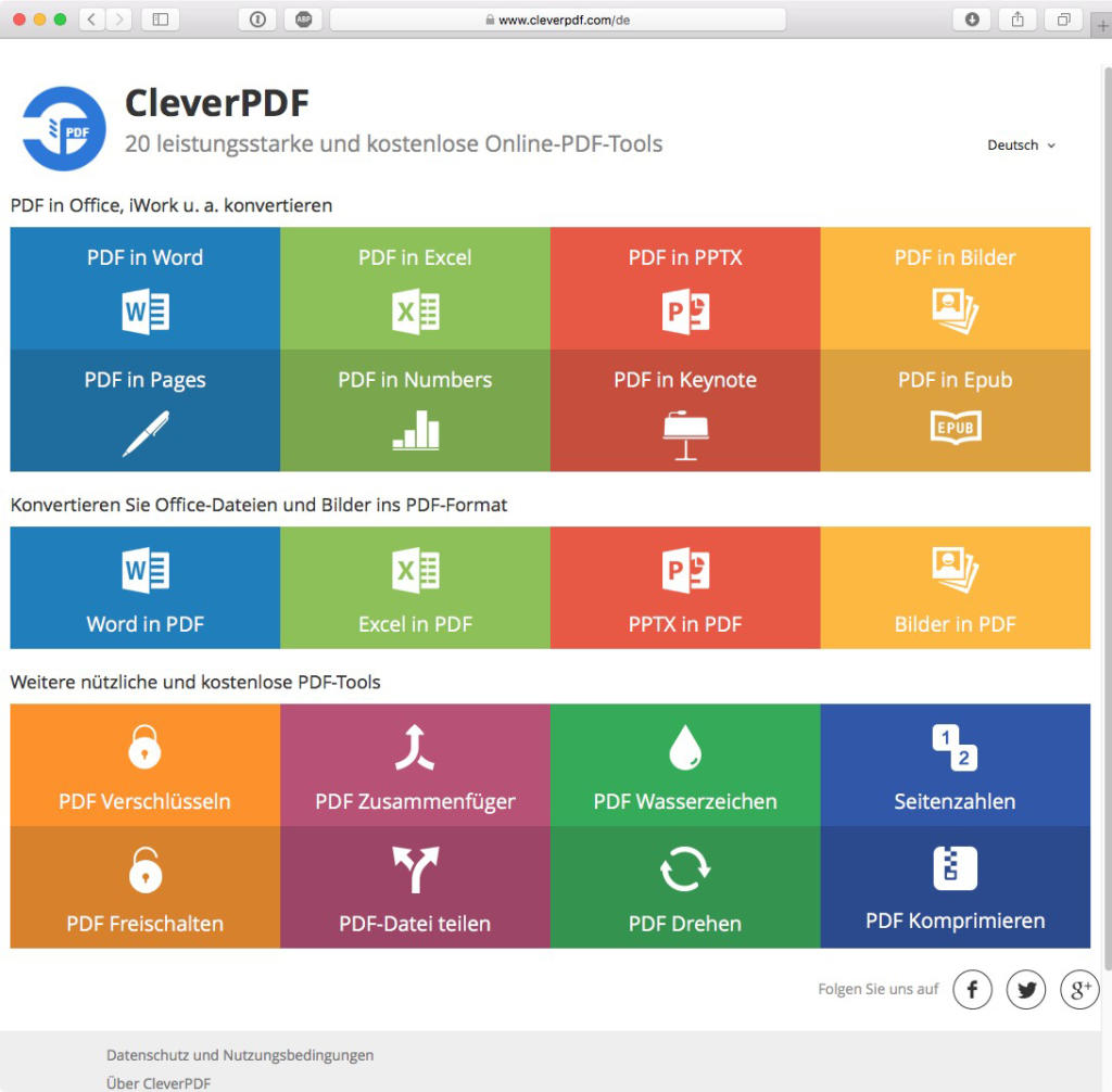 Screenshot der CleverPDF-Website mit verschiedenen PDF-Tools in Rasterform. Zu den Kategorien gehören die Konvertierung von PDFs in Word, Excel, PPTX, Bilddateien und umgekehrt sowie das Verschlüsseln, Zusammenführen, Teilen, Hinzufügen von Wasserzeichen, Drehen und Komprimieren von PDFs.