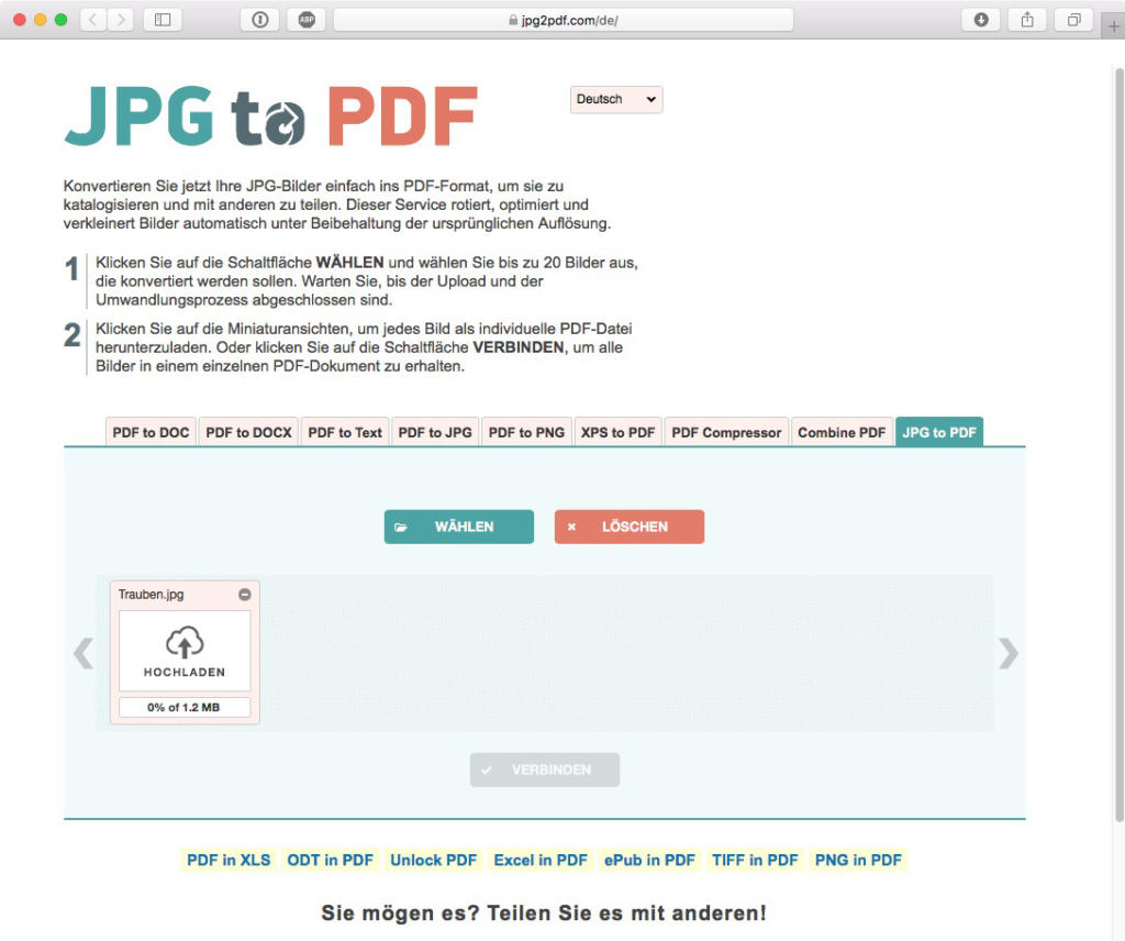 Screenshot der Webseite zur Konvertierung von JPG in PDF. Zu den Funktionen gehören Schaltflächen zum Hochladen und Löschen von Dateien, ein Fortschrittsbalken für Uploads und Optionen zur Konvertierung verschiedener Formate. Die Benutzeroberfläche ist deutsch, die Konvertierungsoptionen werden in einer grauen Menüleiste angezeigt.