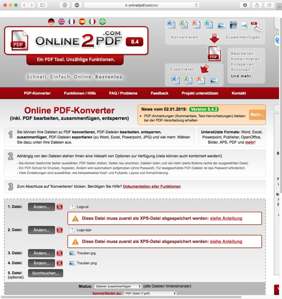 Screenshot der Homepage von online2pdf.com mit der Benutzeroberfläche des PDF-Konverters. Verschiedene Navigationsschaltflächen und Optionen zur Dateikonvertierung sind in einem rot-grauen Layout sichtbar.