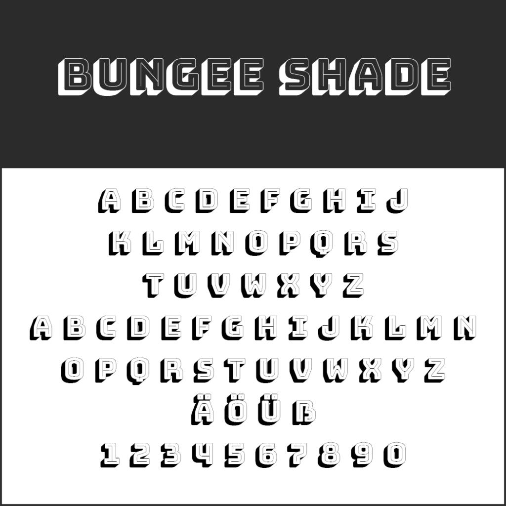 Das Schriftbeispiel mit dem Titel „Bungee Shade“ weist einen auffälligen 3D-Schriftstil auf und zeigt die Großbuchstaben A–Z, A–Ö mit diakritischen Zeichen sowie die Zahlen 0–9 in fetter, umrissener Form auf einem schwarzweißen Hintergrund.