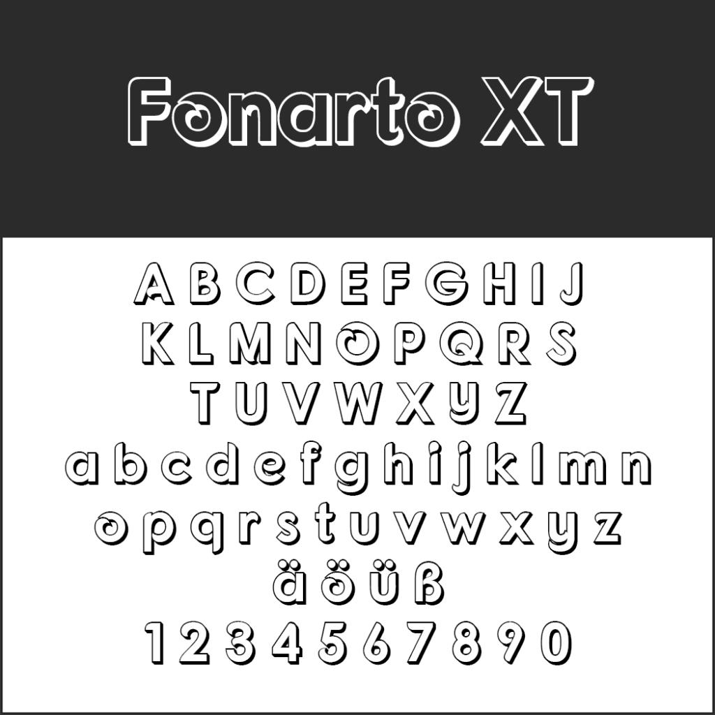 Schwarz-Weiß-Bild der Schriftart „Fonarto XT“ im 3D-Schrift-Stil. Es enthält Groß- und Kleinbuchstaben, Sonderzeichen wie „ö“, „ü“ und „ß“ sowie die Zahlen 0 bis 9, alles in einem hohlen, umrandeten Design.