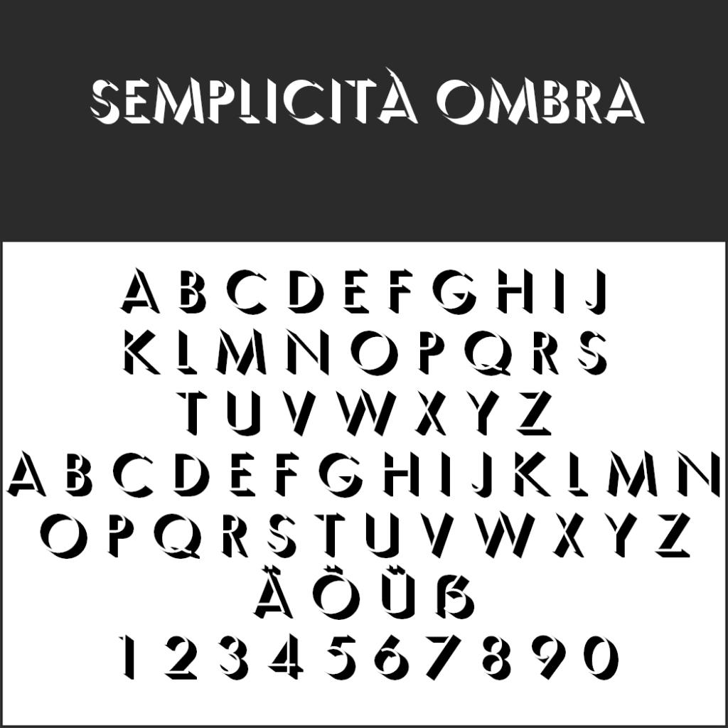 Das Schriftbeispiel „Semplicità Ombra“ präsentiert einen faszinierenden 3D-Schriftstil, der in großem Text auf schwarzem Hintergrund und darunter von kleineren Buchstaben begleitet wird. Es umfasst das vollständige Alphabet, die Ziffern 0-9 und Akzentbuchstaben vor einem kontrastierenden weißen Hintergrund.