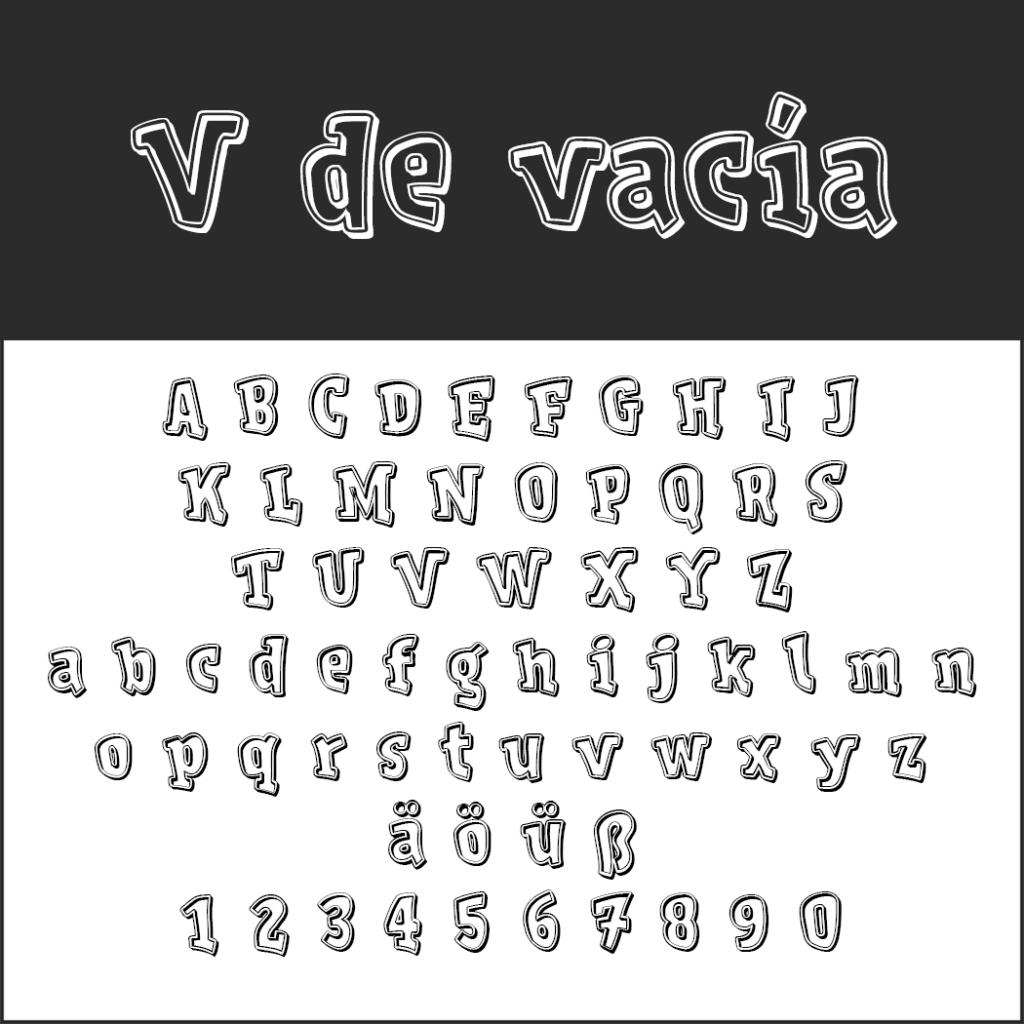 Typografie-Poster mit dem Satz „V de vacía“ in stilisierten 3D-Schriftbuchstaben. Darunter sind Groß- und Kleinbuchstaben (A-Z, a-z) sowie Zahlen (0-9) in einer ähnlichen dekorativen Schriftart dargestellt. Weitere Buchstaben sind ä, ö, ü und ß.