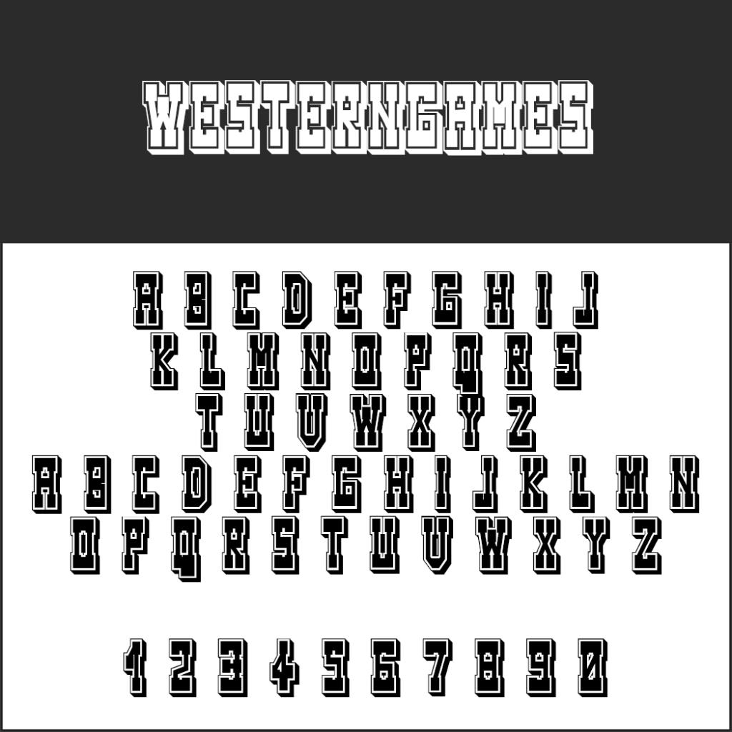Text und Zahlen im Western-Stil. Die fettgedruckte, weiße Überschrift „Western Games“ sticht mit ihrem 3D-Schrift-Flair hervor. Darunter ist das Alphabet in vier Reihen umrandeter Großbuchstaben dargestellt. Die Zahlen 0-9 säumen den unteren Rand in passendem Design.
