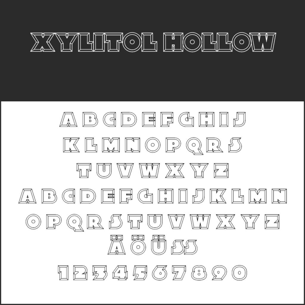 Bild mit zwei Schriftarten namens „Xylitol Hollow“. Die obere ist fett und hohl, während die untere einen helleren Umrissstil aufweist, der einen 3D-Schrift-Effekt erzeugt. Beide enthalten Großbuchstaben, Sonderzeichen wie Ä, Ö, ß und die Zahlen 0–9.