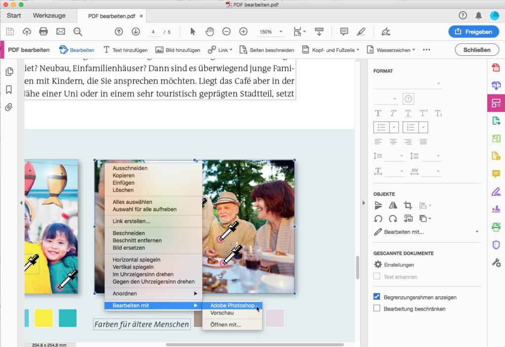 Screenshot einer Bildbearbeitungssoftware, die eine PDF-Datei mit einem zu bearbeitenden Bild zeigt. Das Kontextmenü erscheint über einem Familienfoto und bietet Bearbeitungsoptionen. Die Benutzeroberfläche enthält deutschen Text und verschiedene Symbolleistensymbole.