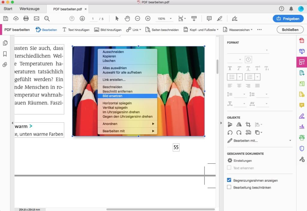 Screenshot der deutschsprachigen PDF-Editor-Oberfläche. Das Hauptdokument zeigt große Buntstifte, und ein Kontextmenü mit Optionen wie „Ausschneiden“ und „Kopieren“ ist geöffnet. In der Umgebung werden typische PDF-Bearbeitungswerkzeuge angezeigt.