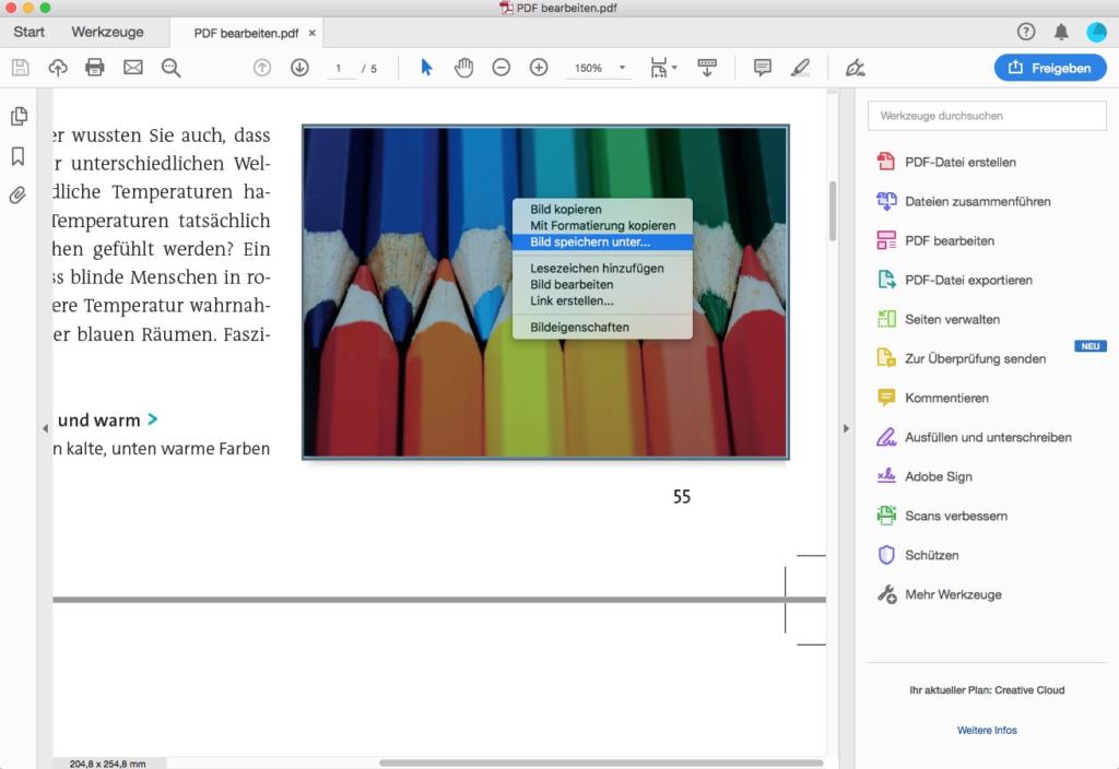 Auf einem Computerbildschirm wird ein PDF-Dokument mit verschiedenen Bearbeitungsoptionen auf der rechten Seite angezeigt. Über einem Bild mit horizontal angeordneten bunten, gespitzten Bleistiften ist ein Popup-Menü mit Optionen zum Speichern oder Bearbeiten des Bildes sichtbar.