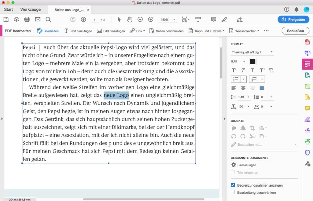 Screenshot eines PDF-Dokuments mit einem deutschen Text zur Logo-Neugestaltung. Der Text ist hervorgehoben, und Bearbeitungsfunktionen wie Texteigenschaften und Formatierungsoptionen sind auf der rechten Seite sichtbar.