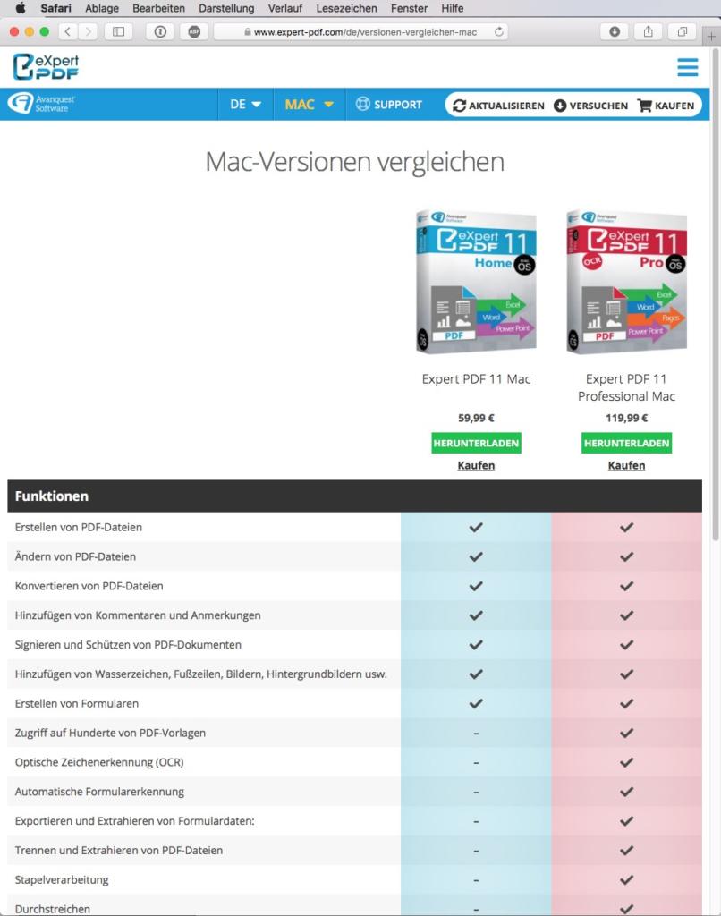 Screenshot einer Webseite, die zwei PDF-Softwareversionen vergleicht: Expert PDF 11 Home und Pro. Jede Version bietet Download- und Kaufoptionen. Unten finden Sie eine Tabelle mit Funktionen zum Erstellen, Bearbeiten und Konvertieren von PDFs. Häkchen kennzeichnen die enthaltenen Funktionen.