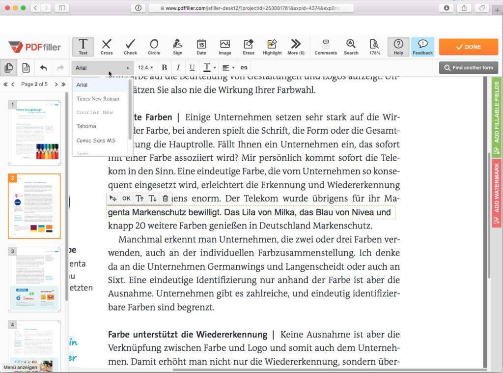 Ein Computerbildschirm zeigt einen PDF-Dokument-Editor. Das Dokument ist auf Deutsch verfasst und enthält einen Absatz über die Bedeutung von Farben für die Unternehmenserkennung. Oben ist die Editor-Symbolleiste mit verschiedenen Bearbeitungsoptionen sichtbar.