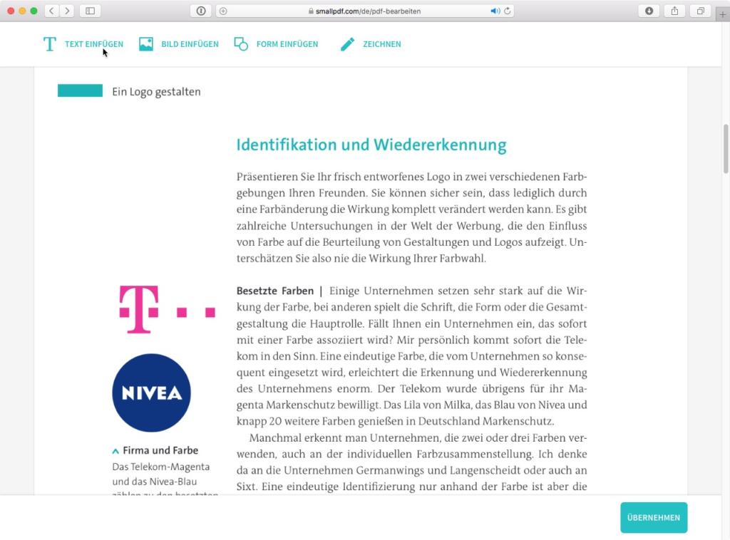 Screenshot einer Webseite, die Logodesign und Farbwirkung diskutiert. Die Logos sind für T-Mobile (magentafarbenes „T“) und NIVEA (blauer Kreis mit weißem „NIVEA“) zu sehen. Ein Text zur Verwendung von Markenfarben ist auf Deutsch sichtbar.