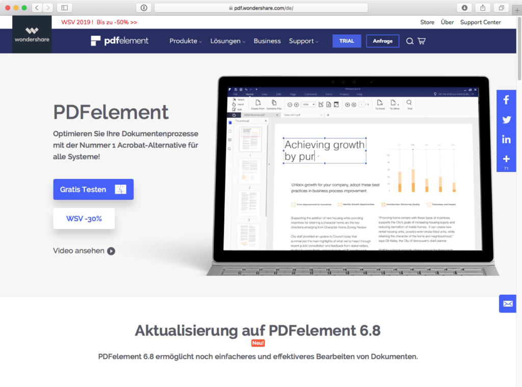 Screenshot einer Webseite, die für PDFlement 6.8 von Wondershare wirbt. Zu sehen ist ein Laptop mit einer PDF-Oberfläche und Text zur Optimierung von Dokumentenprozessen. Schaltflächen für eine kostenlose Testversion und einen Rabattcode sind sichtbar. Deutscher Text weist auf neue Updates hin.