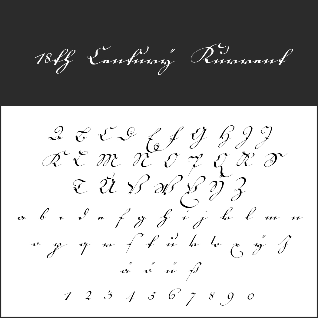 Ein Schwarz-Weiß-Bild zeigt die Metallica-Schrift in eleganter Schreibschrift. Im oberen Abschnitt steht „1849 Stuttwig Rinnemurt“ mit künstlerischen Schnörkeln, begleitet von einem kompletten Satz Groß- und Kleinbuchstaben sowie den Ziffern 0-9 im gleichen Schreibschriftstil.