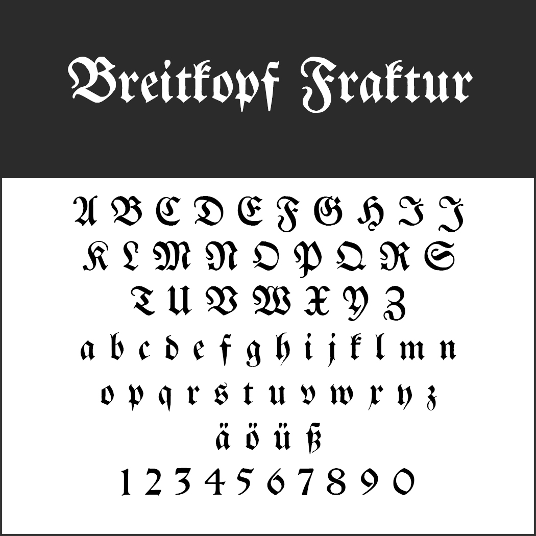 Eine Tabelle mit der Schriftart Breitkopf Fraktur, die an die Metallica-Schrift erinnert und Groß- und Kleinbuchstaben mit den deutschen Sonderzeichen ä, ö, ü, ß und den Zahlen 0-9 in einem auffälligen Frakturstil auf weißem Hintergrund zeigt.