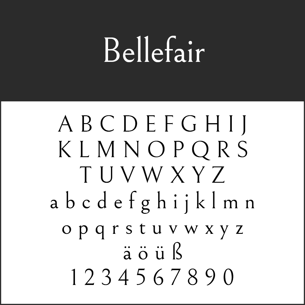 Beispielbild der Schriftart Bellefair, einem beeindruckenden Beispiel für Serifenschriften. Die Darstellung umfasst Groß- und Kleinbuchstaben, die Sonderzeichen ä, ö, ü, ß sowie die Ziffern 0–9 in markantem Schwarz auf strahlend weißem Hintergrund.