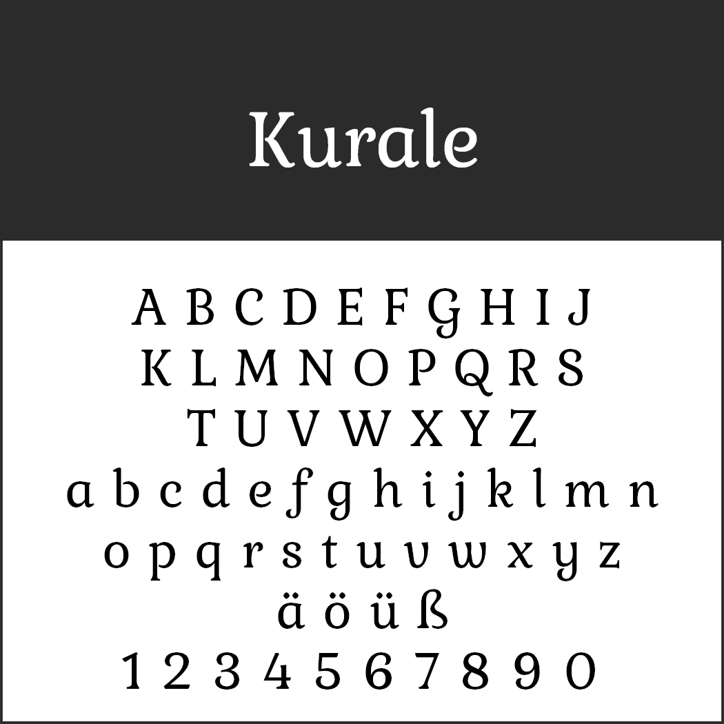 Schriftvorschau von „Kurale“ mit eleganten Serifenschriften mit Großbuchstaben A-Z, Kleinbuchstaben a-z, Sonderzeichen äöüß und Zahlen 0-9.