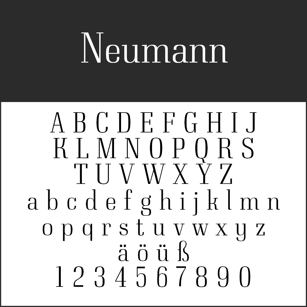 Eine Grafik, die die Schriftart „Neumann“ in ihrem eleganten Serifenschriften-Stil präsentiert. Sie enthält Groß- und Kleinbuchstaben (A-Z, a-z), Sonderzeichen (äöüß) und Ziffern 0-9, alle im klassischen Serifendesign.