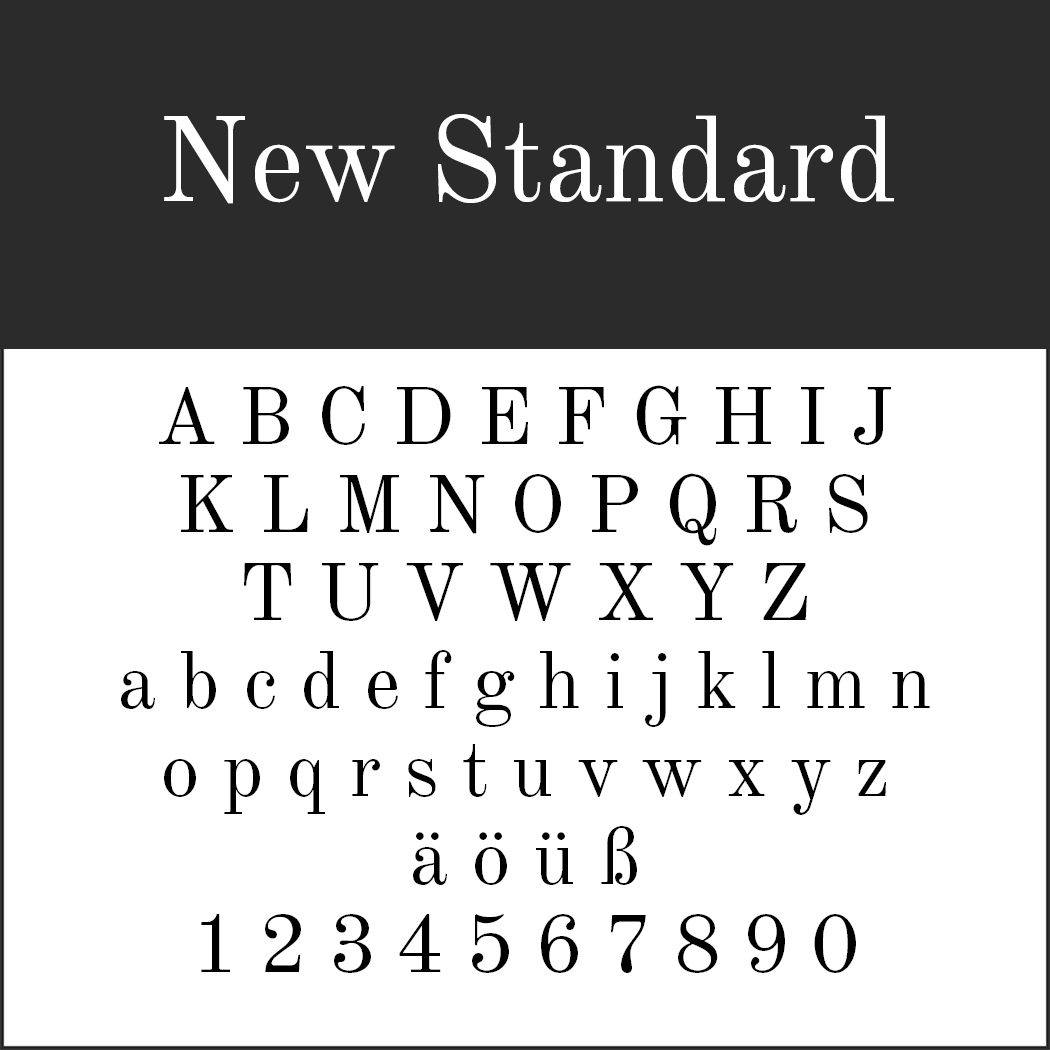 Ein Schriftbeispiel mit dem Titel „New Standard“ zeigt elegante Serifenschriften mit Groß- und Kleinbuchstaben, Akzentbuchstaben und den Ziffern 0-9.