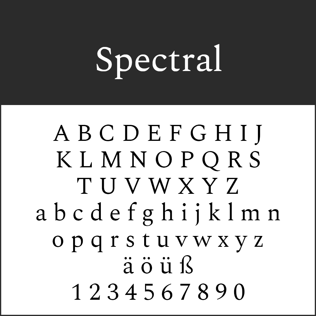 Das Schriftmuster „Serifenschriften Spectral“ zeigt die Großbuchstaben A–Z, die Kleinbuchstaben a–z, die Sonderzeichen ä, ö, ü, ß und die Ziffern 0–9. Es wird elegant auf einem schwarz-weißen Hintergrund präsentiert.