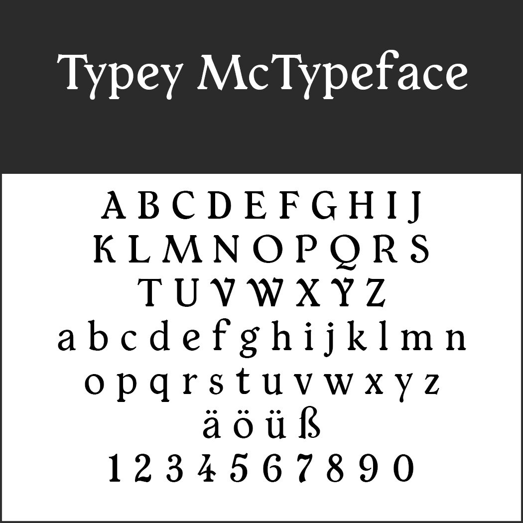 Das Bild zeigt ein Schriftbeispiel mit dem Titel „Typey McTypeface“. Dieser Serifenschriften-Stil umfasst die Großbuchstaben A–Z, die Kleinbuchstaben a–z, die umlauteten Vokale ä, ö, ü und die Ziffern 0–9.