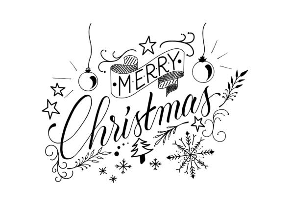 Eine schwarz-weiße Illustration mit „Frohe Weihnachten“ in eleganter Schrift, perfekt für alle, die einen Adventskalender gestalten möchten. Zu den umgebenden Elementen gehören Sterne, Ornamente, ein Weihnachtsbaum, Schneeflocken und dekorative Wirbel.