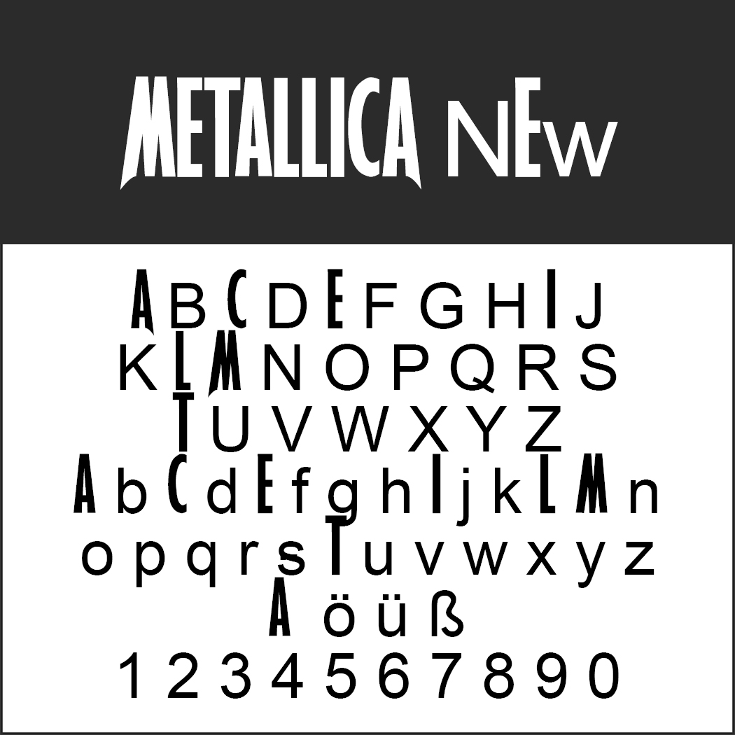 Abbildung der Schriftart „Metallica New“. Großbuchstaben, Kleinbuchstaben, Sonderzeichen (Ä, ö, ü, ß) und die Ziffern 0–9 werden in einer fetten, stilisierten Schrift mit unterschiedlichen Höhen und Strichstärken dargestellt.