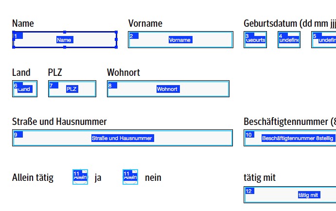 Ein ausfüllbares Formular mit Feldern für persönliche Daten: Name, Vorname, Geburtsdatum, Land, Postleitzahl, Wohnort, Straße und Hausnummer, Beschäftigungsnummer. Unten können Sie auswählen, ob Sie allein oder mit anderen zusammenarbeiten, indem Sie die Kontrollkästchen „Ja“ und „Nein“ aktivieren.