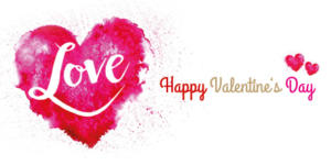 Ein rosa Herz im Aquarell-Stil mit dem Wort „Love“ in weißer Schrift. Rechts leuchtet „Happy Valentine’s Day“ in Rot und Gold und erinnert an klassische Valentinstag-Vorlagen. Zwei kleinere rosa Herzen schweben über dem Text auf makellos weißem Hintergrund.