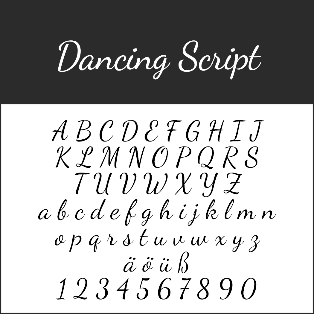 Bild eines Schriftbeispiels mit dem Titel „Dancing Script“. Es zeigt die Groß- und Kleinbuchstaben von A bis Z sowie die Ziffern von 0 bis 9. Der Schreibschriftstil ist elegant und anmutig, ähnlich wie handgeschriebene Valentinstagsschriften.