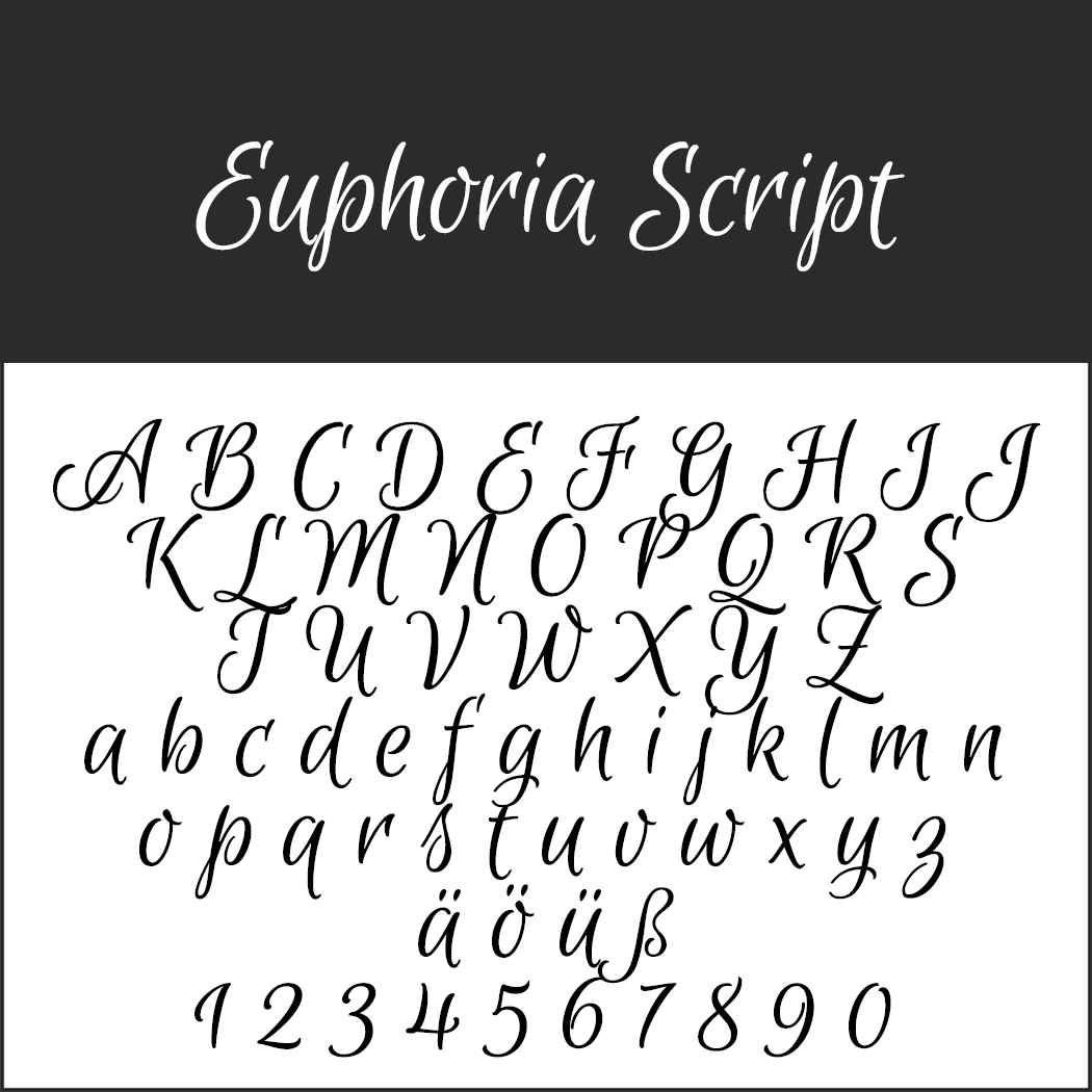 Erleben Sie den Charme der Schriftart Euphoria Script, die das gesamte Groß- und Kleinbuchstabenalphabet, die Zahlen 0-9 und die Sonderzeichen ä, ö, ü, ß elegant zur Geltung bringt. Mit ihrer anmutigen Schreibschrift eignet sie sich perfekt für Valentinstag-Schriftenprojekte.