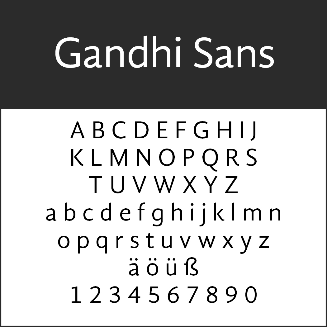 Ein Beispielbild der Schrift „Gandhi Sans“ in einem schlichten, serifenlosen Stil. Enthält englische Groß- und Kleinbuchstaben, Sonderzeichen wie ä, ö, ü und ß sowie die Ziffern 0 bis 9.