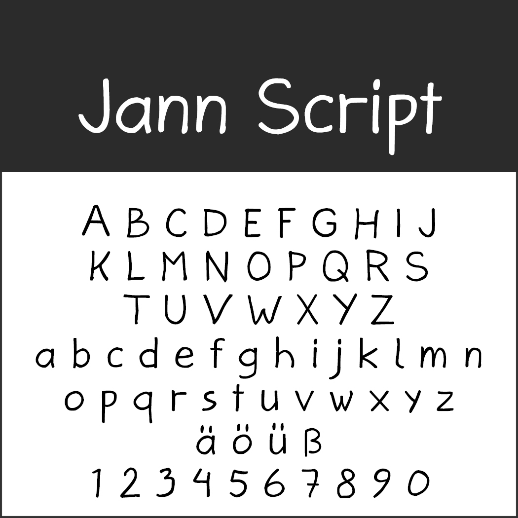 Das Schwarzweißbild zeigt die Schriftart „Jann Script“ mit Groß- und Kleinbuchstaben, deutschen Umlauten (ä, ö, ü), dem Eszett (ß) und den Zahlen 1 bis 9 – perfekt zum Erstellen eleganter Valentinstags-Schriften.