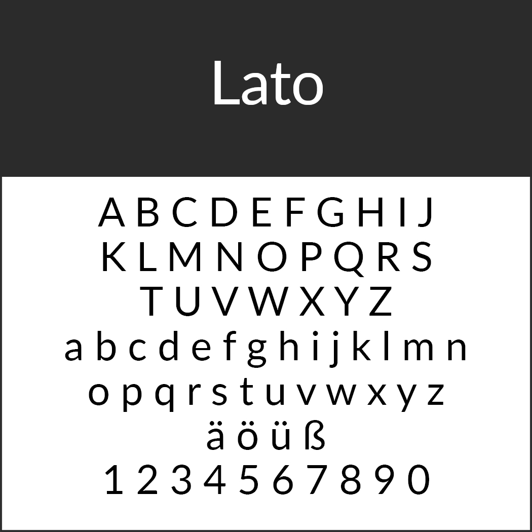 Beispiel der Schriftart Lato mit Groß- und Kleinbuchstaben, Sonderzeichen (ä, ö, ü, ß) und den Zahlen 0 bis 9, angezeigt auf weißem Hintergrund mit dem fettgedruckten Namen „Lato“ oben auf dunklem Hintergrund.