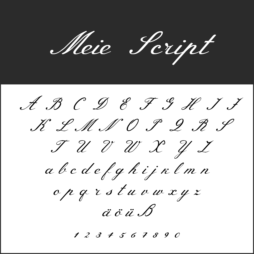 Wir präsentieren „Meie Script“, ein stilisiertes Schreibschriftalphabet, das sich perfekt für die Gestaltung wunderschöner Valentinstags-Schriften eignet. Es enthält Groß- und Kleinbuchstaben, deutsche Umlaute und Zahlen von 0 bis 9, alles elegant dargestellt auf einem strahlend weißen Hintergrund.