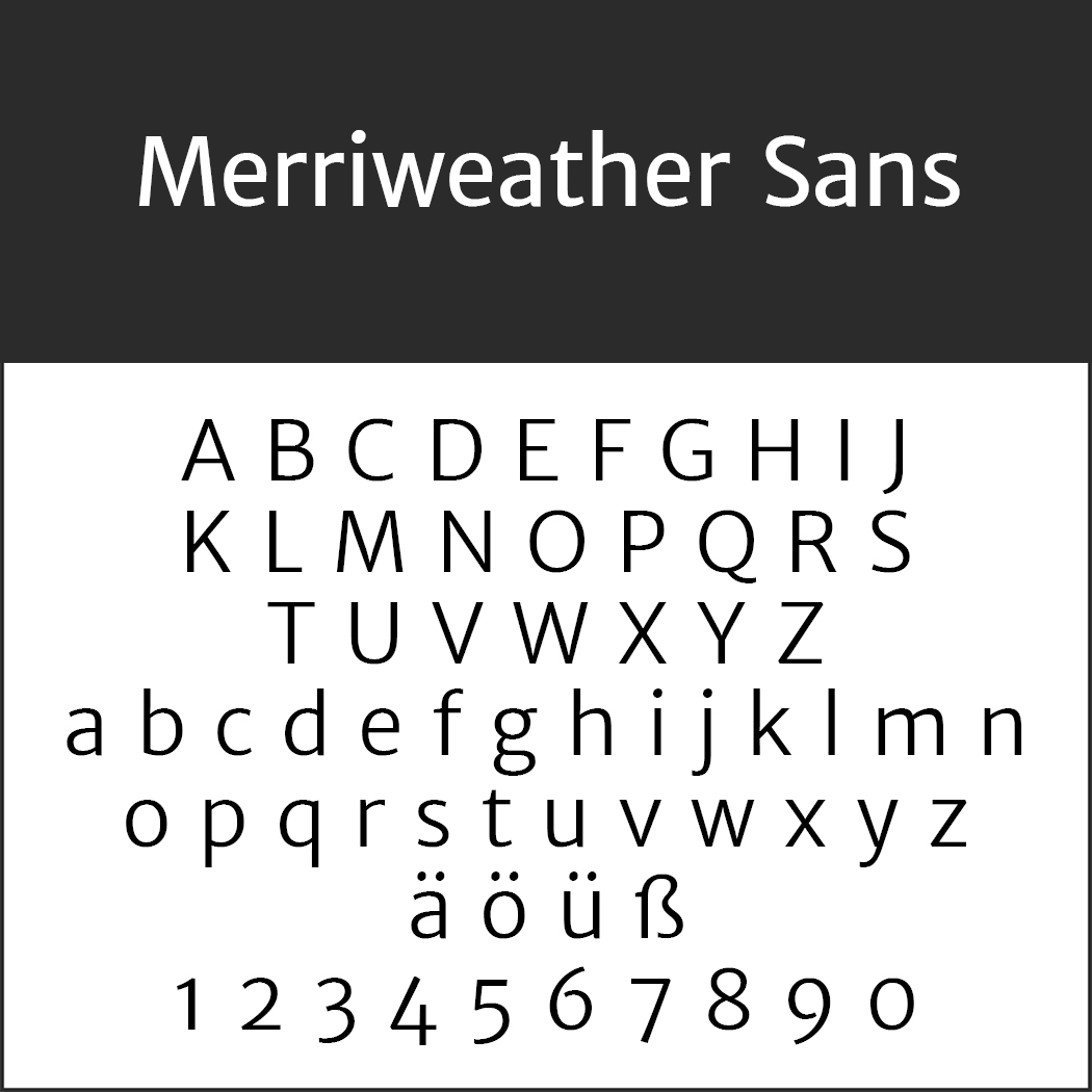Text in der Schriftart Merriweather Sans. Großbuchstaben A-Z, Kleinbuchstaben a-z, Sonderzeichen ä, ö, ü, ß und die Zahlen 0-9 werden in einem klaren, serifenlosen Stil angezeigt.