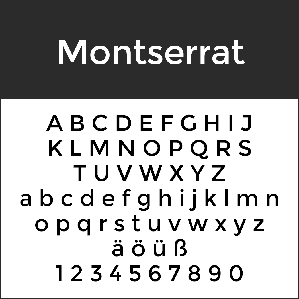Text, der die Schriftart Montserrat in Groß- und Kleinbuchstaben sowie die Sonderzeichen ä, ö, ü, ß und die Zahlen 0 bis 9 anzeigt. Die Schriftart hat ein modernes und klares serifenloses Design.