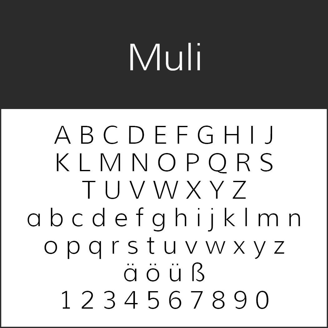Das Bild zeigt die Schriftart „Muli“ mit dem Alphabet in Groß- und Kleinbuchstaben, einschließlich Sonderzeichen wie „ä“, „ö“, „ü“, „ß“ und Zahlen von 0 bis 9.