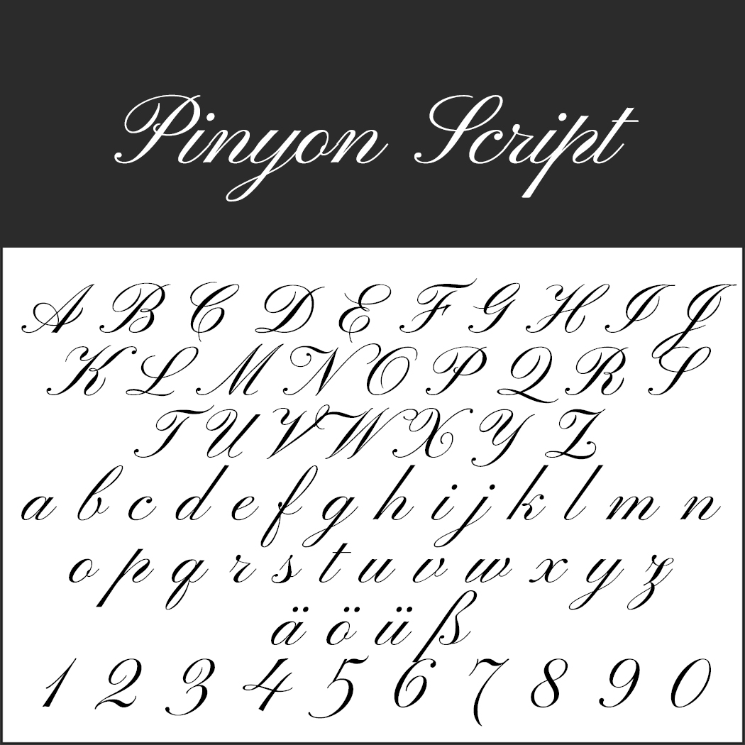 Die Schriftart Pinyon Script mit ihrem eleganten kursiven Handschriftstil bringt Groß- und Kleinbuchstaben, Zahlen und einige Akzentzeichen wunderschön zur Geltung – eine perfekte Wahl für die Erstellung exquisiter Valentinstags-Schriften.