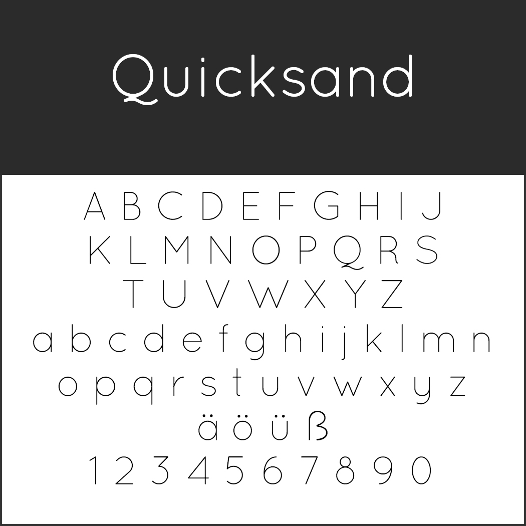 Es wird die serifenlose Schriftart „Quicksand“ angezeigt. Großbuchstaben A-Z, Kleinbuchstaben a-z, Sonderzeichen ä, ö, ü, ß und die Ziffern 0-9 werden minimalistisch dargestellt.