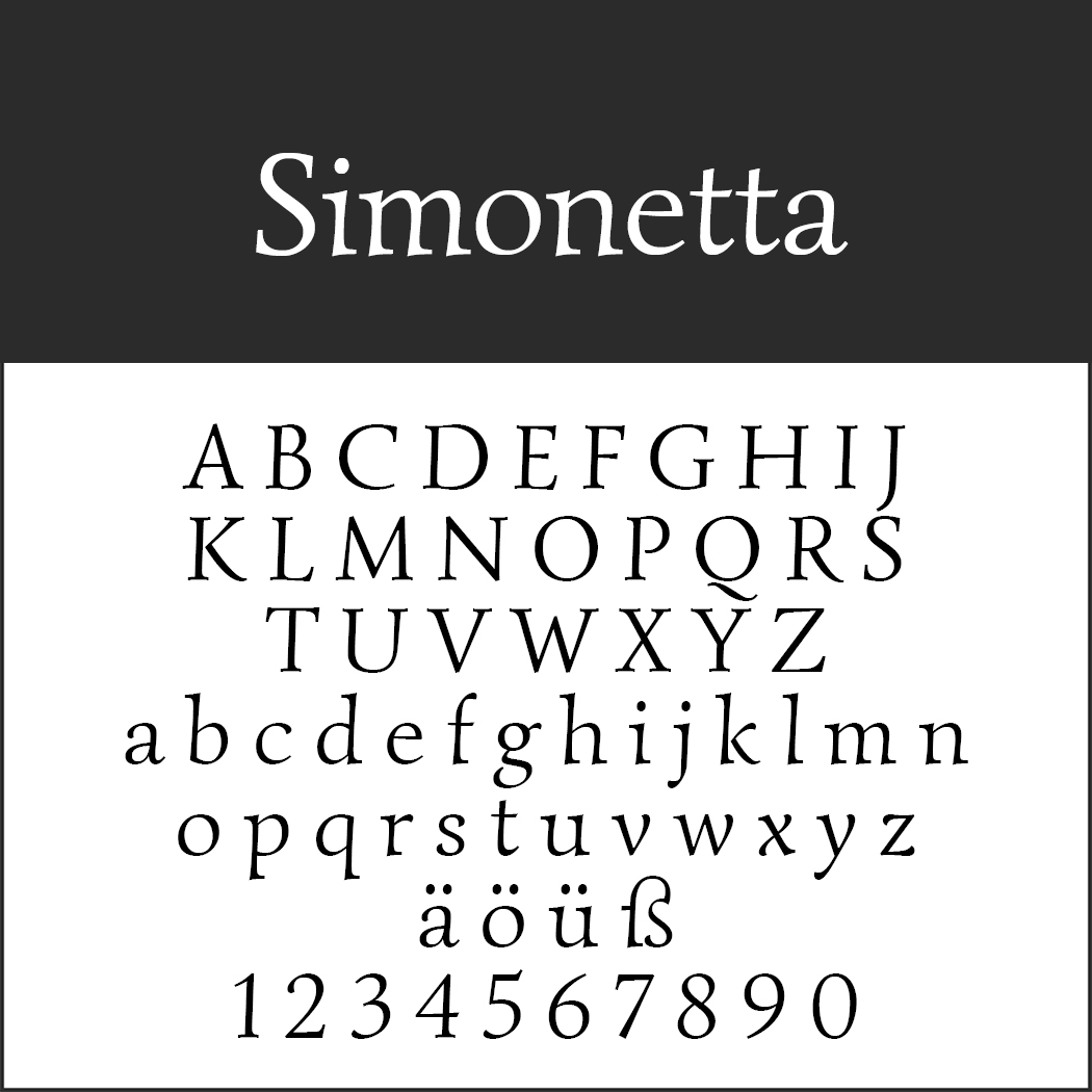 Schriftbeispiel der Schriftart Simonetta, perfekt für Valentinstag-Schriften. Es werden Großbuchstaben A-Z, Kleinbuchstaben a-z, Umlaute ä, ö, ü, ß und die Zahlen 0-9 angezeigt.