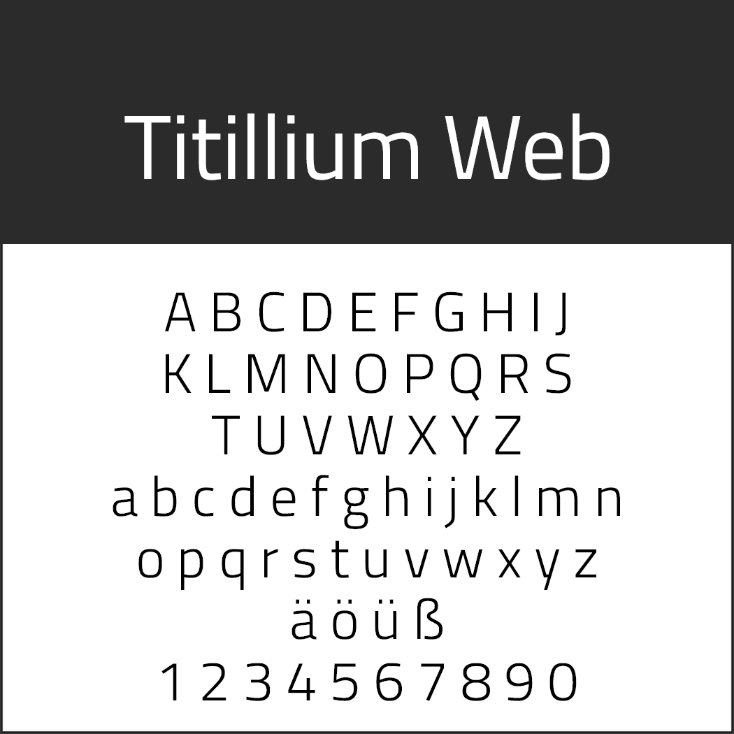Beispiel der Titillium-Webschriftart auf einem schwarzweißen Hintergrund mit Groß- und Kleinbuchstaben von A bis Z, den Zeichen ä, ö, ü, ß und den Ziffern 0 bis 9.
