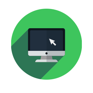 Eine Flat-Design-Illustration eines Computermonitors zeigt einen Cursor auf dem Bildschirm, der die Essenz von „weiß drucken“ einfängt, alles vor einem grünen, kreisförmigen Hintergrund mit einem langen Schatten.