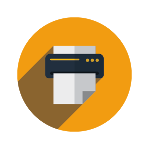 Ein Druckersymbol befindet sich auf einem orangefarbenen, kreisförmigen Hintergrund, darunter ein Blatt Papier. Der dunkle Drucker, akzentuiert durch einen gelben Streifen, erzeugt einen langen Schatteneffekt. Er ist prädestiniert für präzisen und stilvollen Weißdruck.