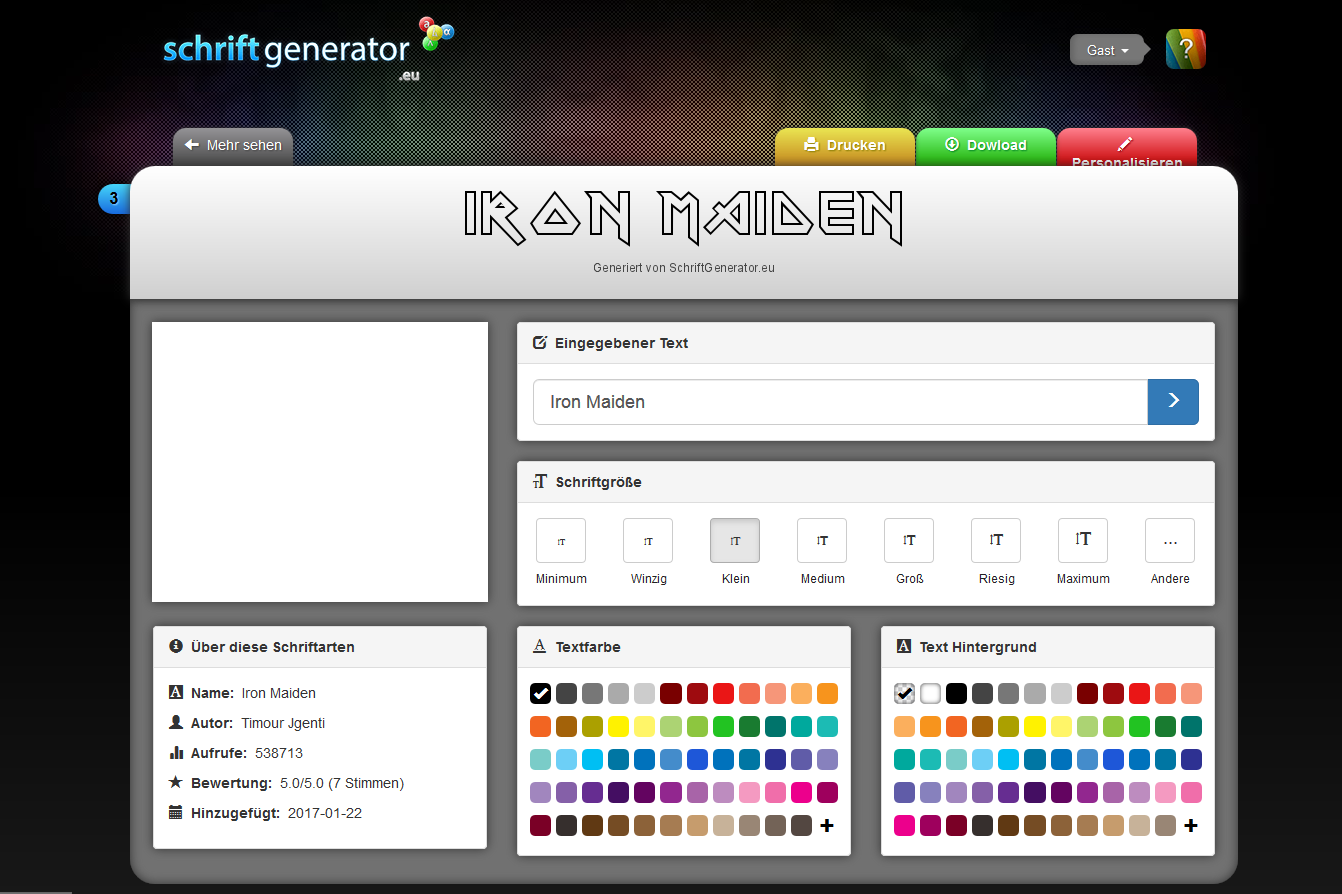 Screenshot der Website-Oberfläche des Iron-Maiden-Schriftgenerators. Die Seite zeigt die Texteingabe für „Iron Maiden“ mit Schriftgrößenoptionen und Farbanpassungstools. Die Menüleiste bietet Druck- und Downloadfunktionen für ein nahtloses Designerlebnis.