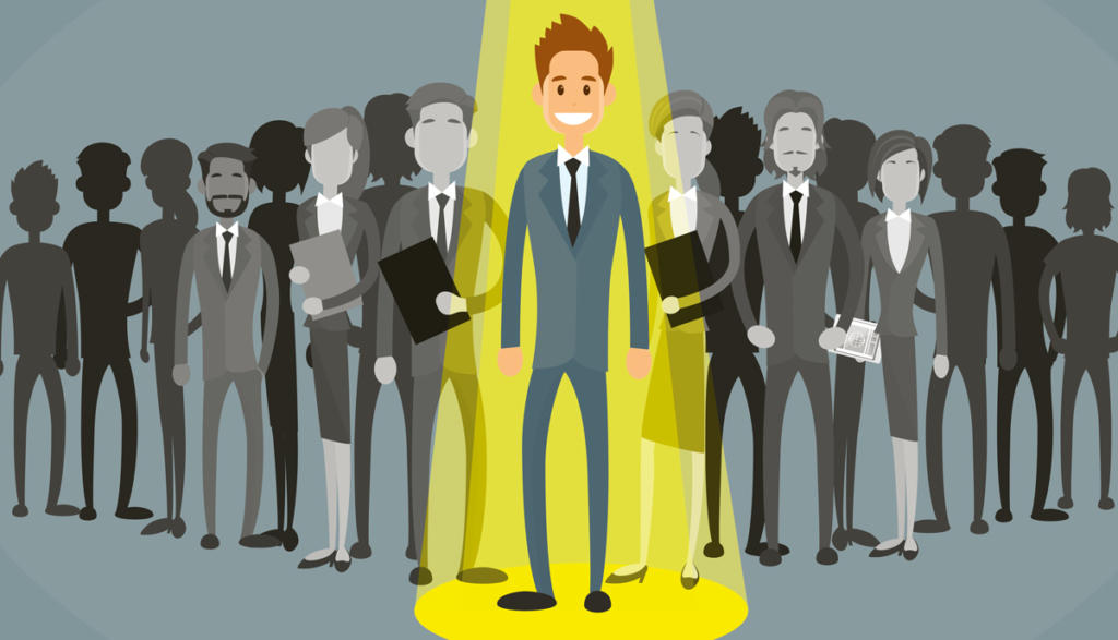 Illustration eines lächelnden Mannes im Anzug, der als Hauptredner im Scheinwerferlicht hervorgehoben wird, umgeben von den grauen Silhouetten anderer Fachleute. Das Scheinwerferlicht hebt ihn hervor und lenkt die Aufmerksamkeit von der Menge ab.